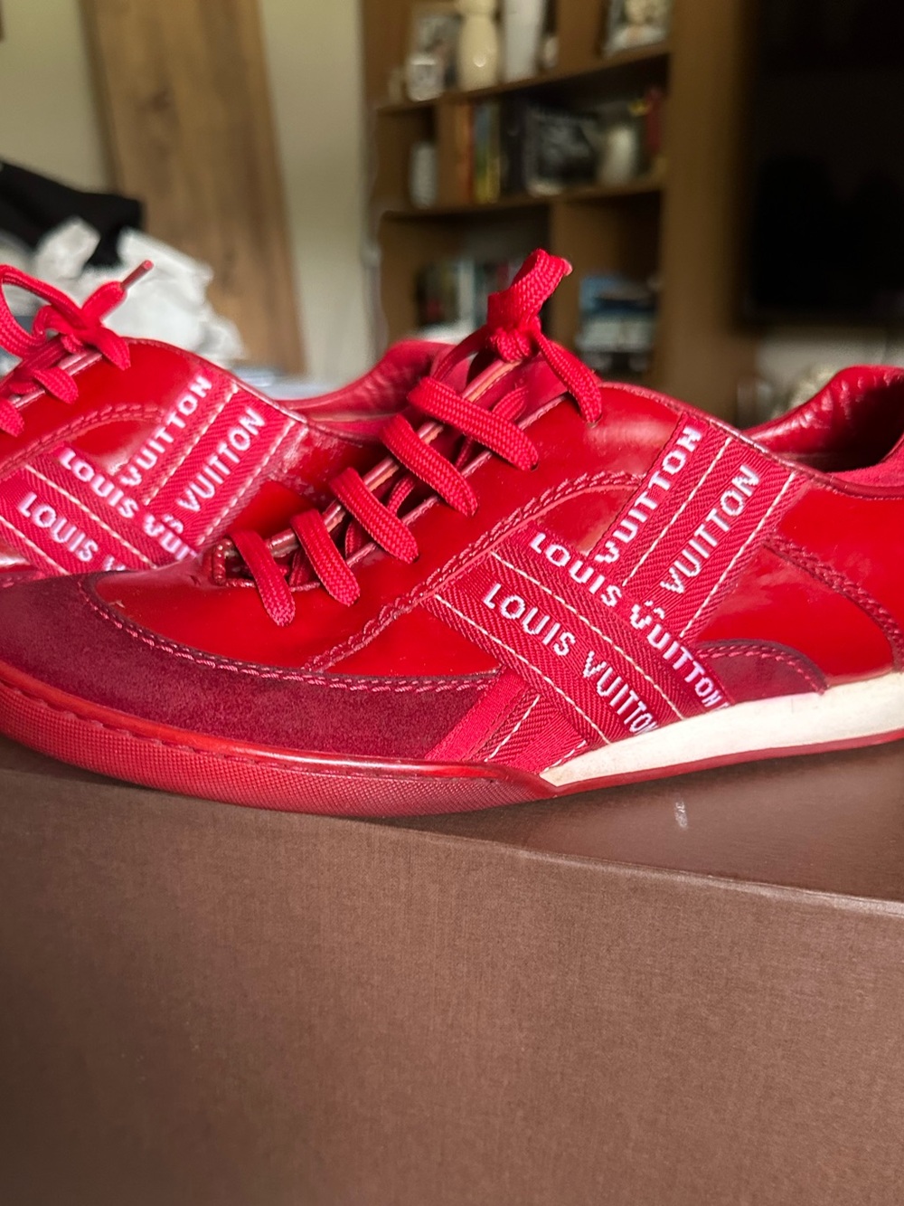 Louis Vuitton Red Patent Leather and Suede Logo Sneakers EU 37 US 6.5